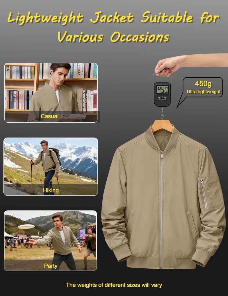 CRYSULLY Men's Bomber Jacket Lightweight Fall Casual Windbreaker Full Zip Waterproof Outwear Coats Khaki M - Image 4